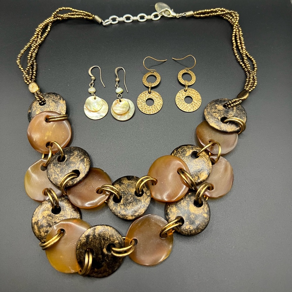 Boho Brown and Gold Colored Necklace and Earring Set Mother of Pearl Wood
